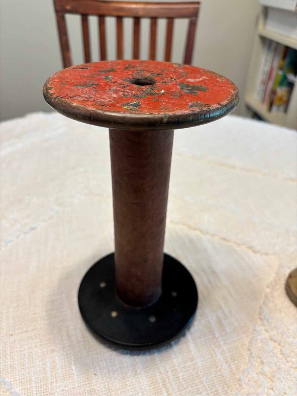 Vintage Wooden Spool in Red and Dark Base - Decorative Home Accent